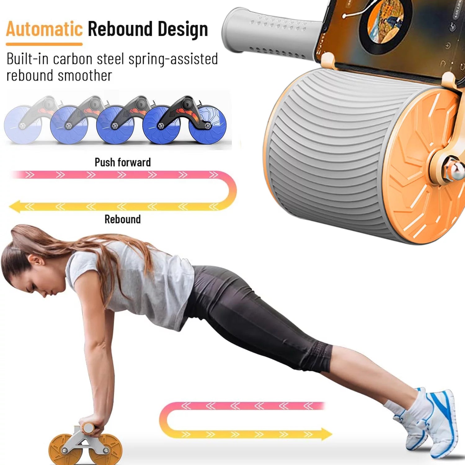 2024 New Ab Abdominal Exercise Roller Elbow Support, Abs Roller Wheel Core Exercise Equipment, Automatic Rebound Abdominal Wheel Orange